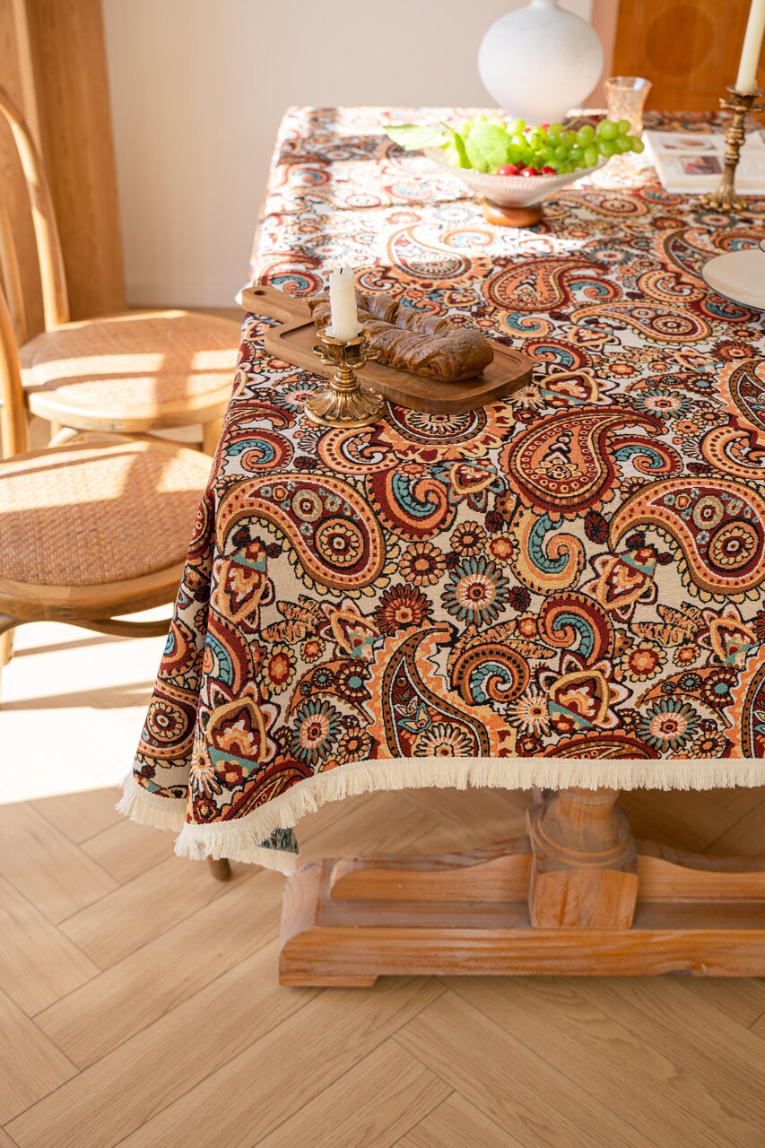 American Retro Thickened Polyester - Cotton Tablecloth with Tassel Edge, Woven Boho Vintage Table Cover for Dining Room & Kitchen